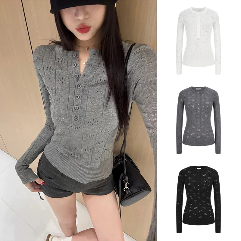 Moses Queen/魔西女王薄款半开领纯色镂空针织长袖女洋气复古上衣