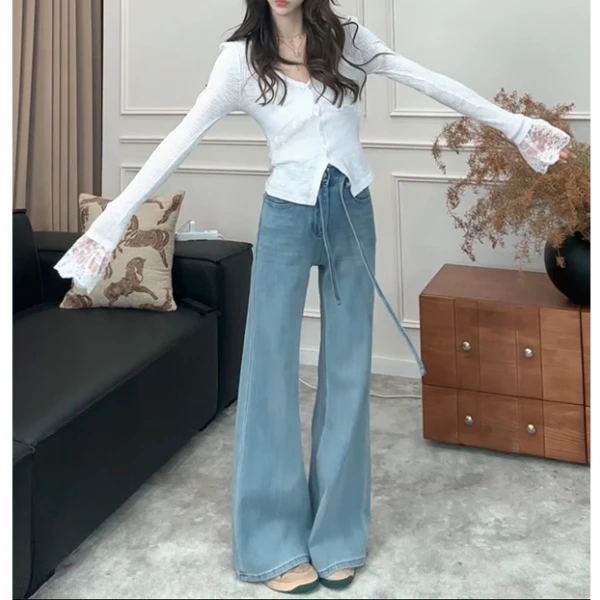 韩版抽绳高腰不贴腿微喇裤女2025春款宽松显瘦休闲牛仔裤