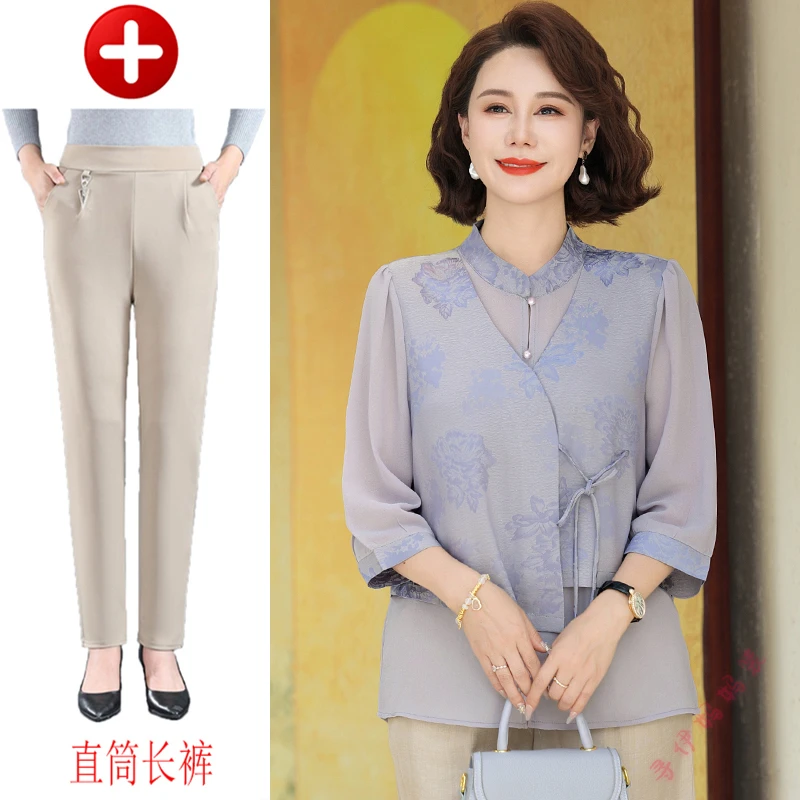 新款时尚夏季老年女装绑带休闲薄款假两件小衫宽松洋气春夏打底衫