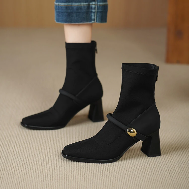 7cm黑色粗跟短靴拼接气质高跟鞋弹力瘦瘦靴加绒保暖法式方头短筒
