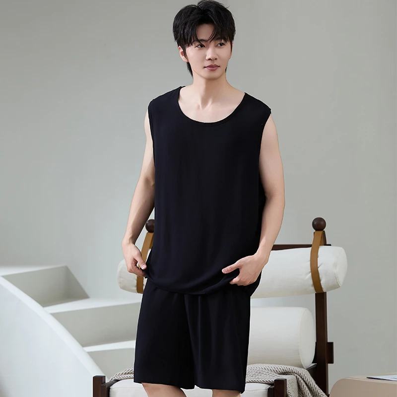 男士棉绸睡衣夏季薄款套装人造棉家居服青少年绵绸无袖短裤可外穿