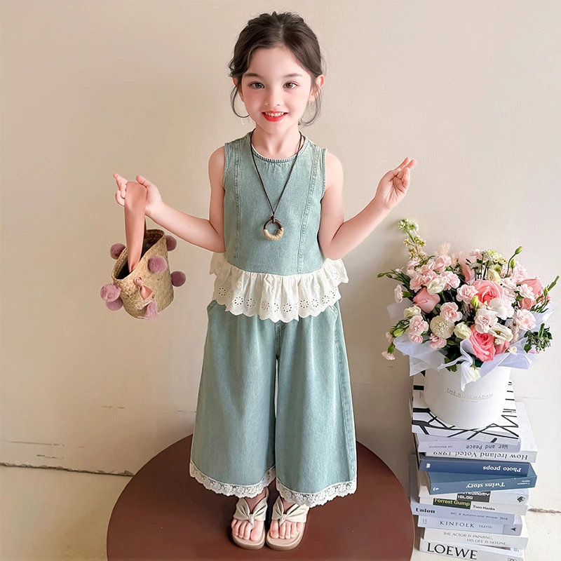 女童牛仔套装夏装新款儿童夏季花边蕾丝背心韩版女宝阔腿裤两件套
