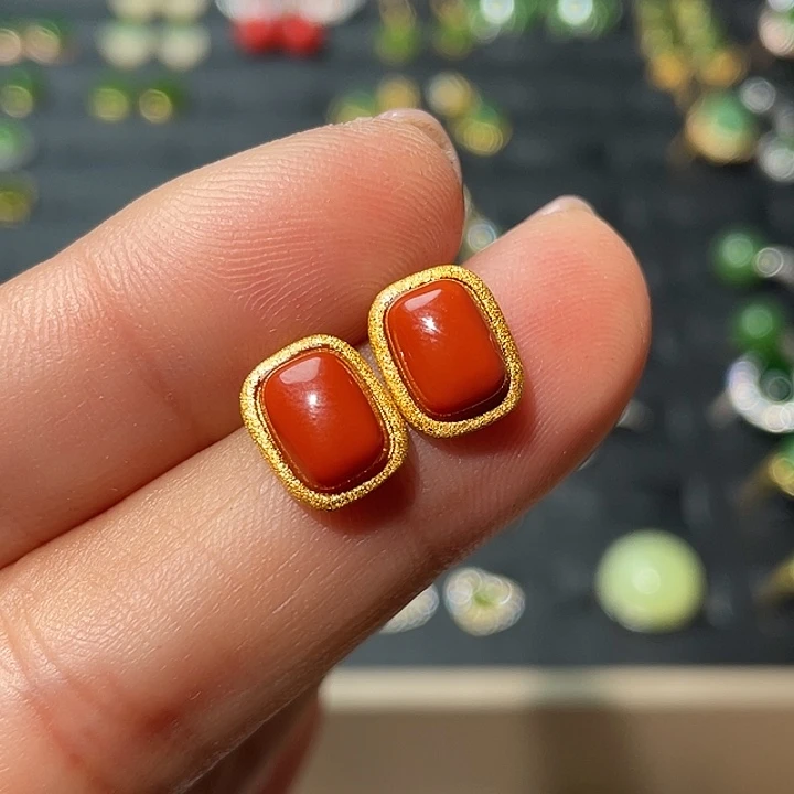 南红玛瑙银S925镶嵌耳饰