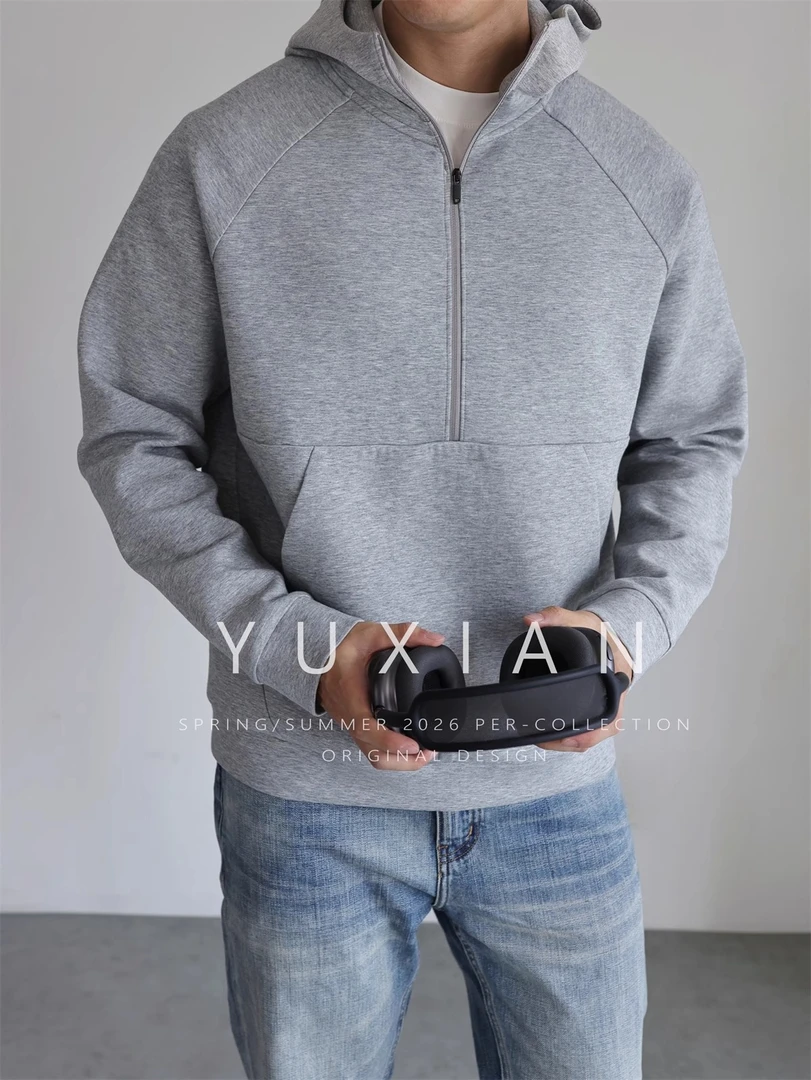 YUXIAN空气层棉质连帽半拉链套头卫衣长袖日系宽松外套休闲秋冬男
