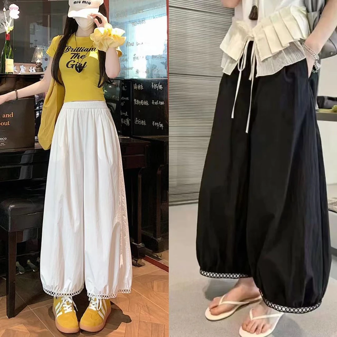 【现货+运费险】欧货版镂空花边阔腿灯笼裤女设计感九分裤