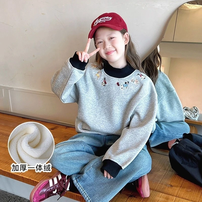 一体绒加厚女童高领撞色卫衣儿童洋气长袖上衣大童2025冬装新款