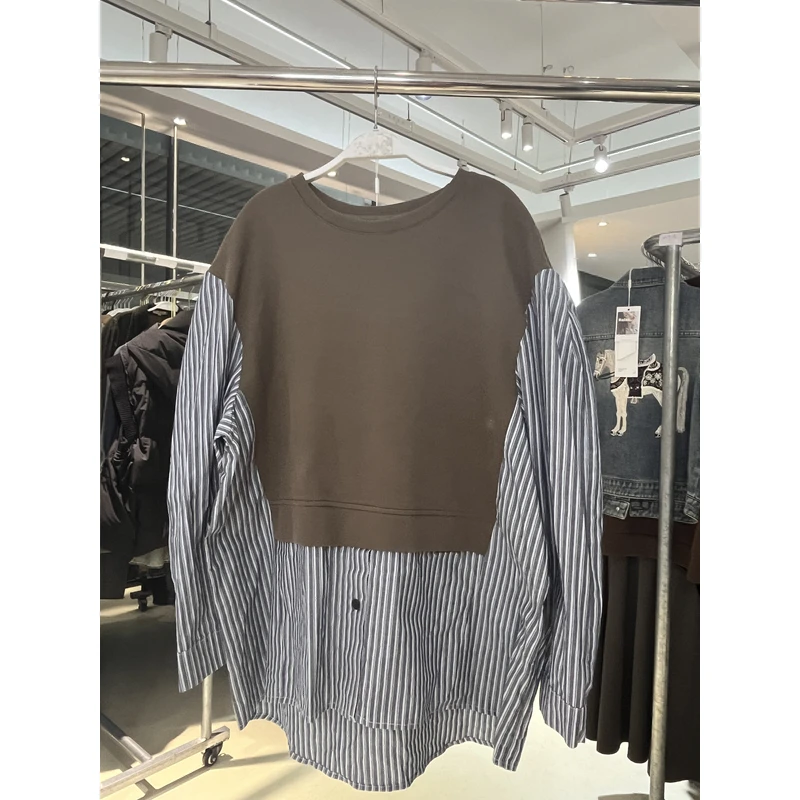 安南AN-Q7710春秋季新款上衣设计感假两件条纹衬衫拼接卫衣长袖