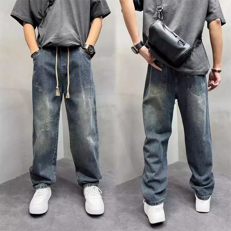 水洗做旧牛仔裤男春秋新款渐变宽松休闲潮牌痞帅阔腿直筒长裤子