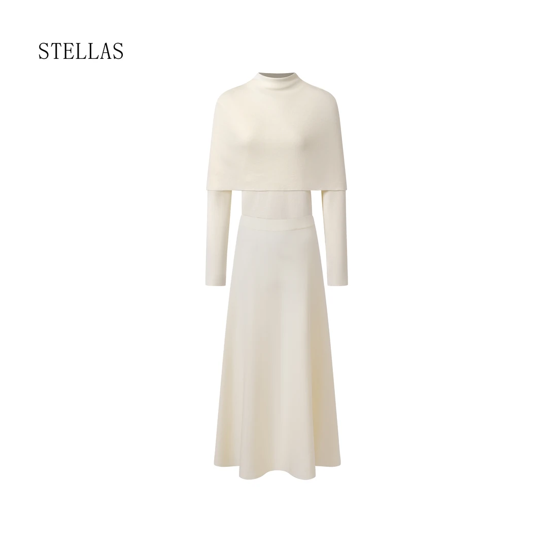STELLAS【精简美学】气质设计感羊毛斗篷长袖针织衫+A字半裙