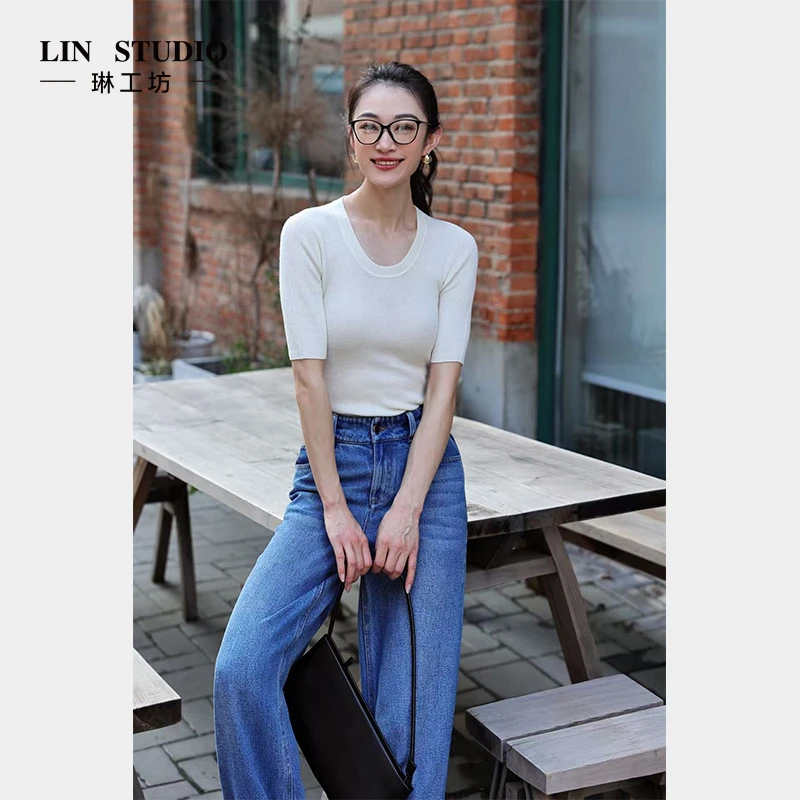 【100%绵羊毛】琳工坊“竹涧”白色针织衫时尚气质显瘦休闲唐琳设计师