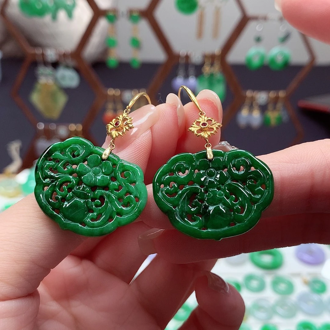 翡翠耳饰18K金镶嵌天然翡翠