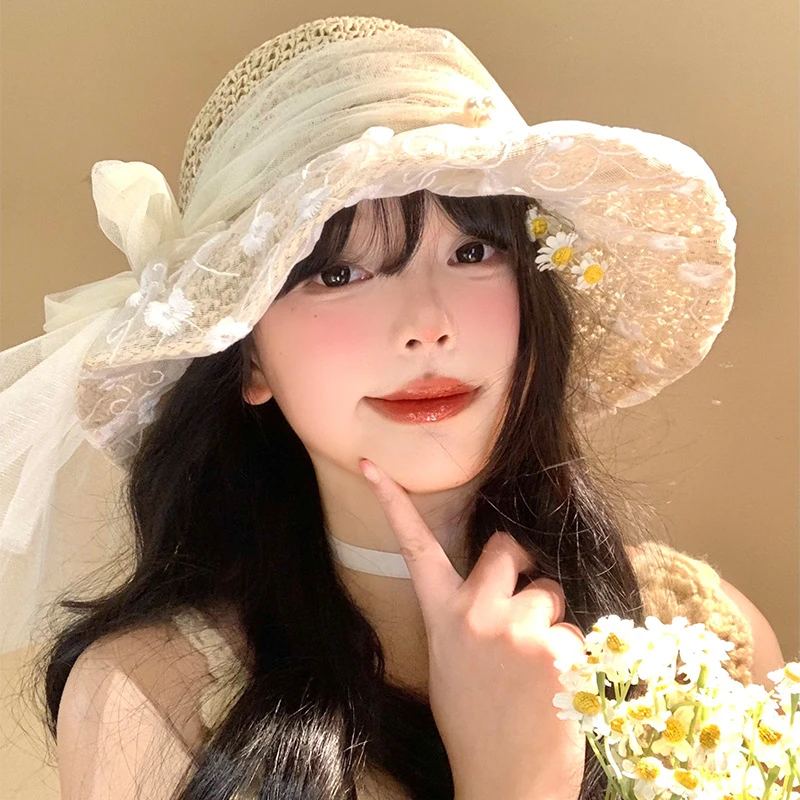 蝴蝶结蕾丝草帽女夏季海边度假草编渔夫帽大帽檐遮阳防晒太阳帽子