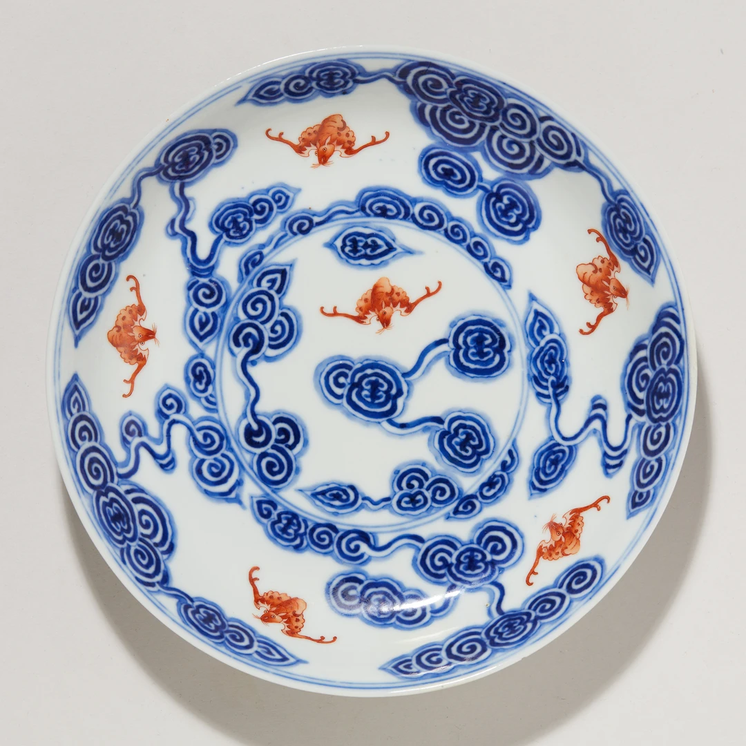 4126清光绪·青花矾红洪福齐天赏盘【古董拍卖】