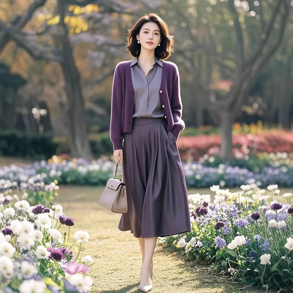 春季巨显瘦洋气欧货潮时髦休闲紫色针织开衫衬衣半身裙三件套装女