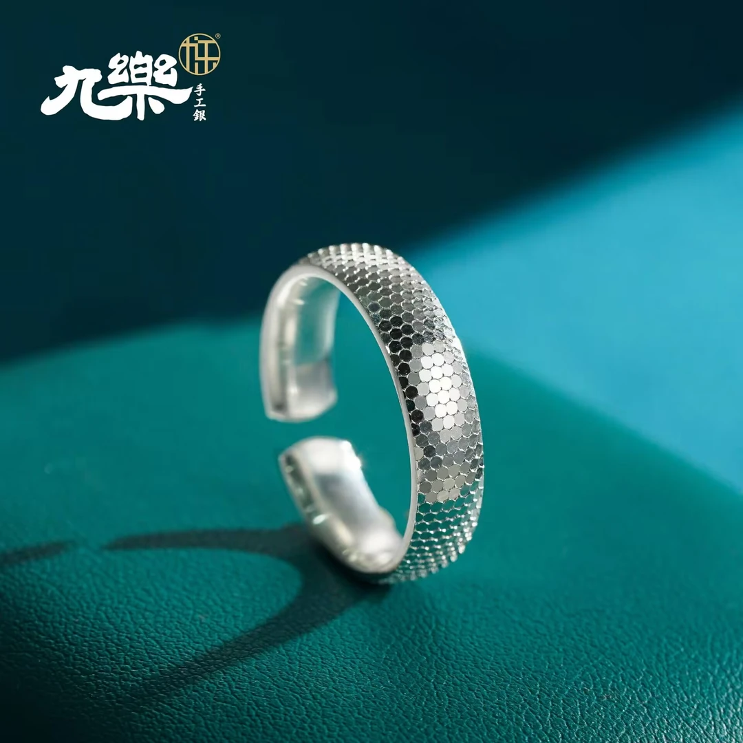 九乐 足银戒指 999银色龙鳞纹戒指
