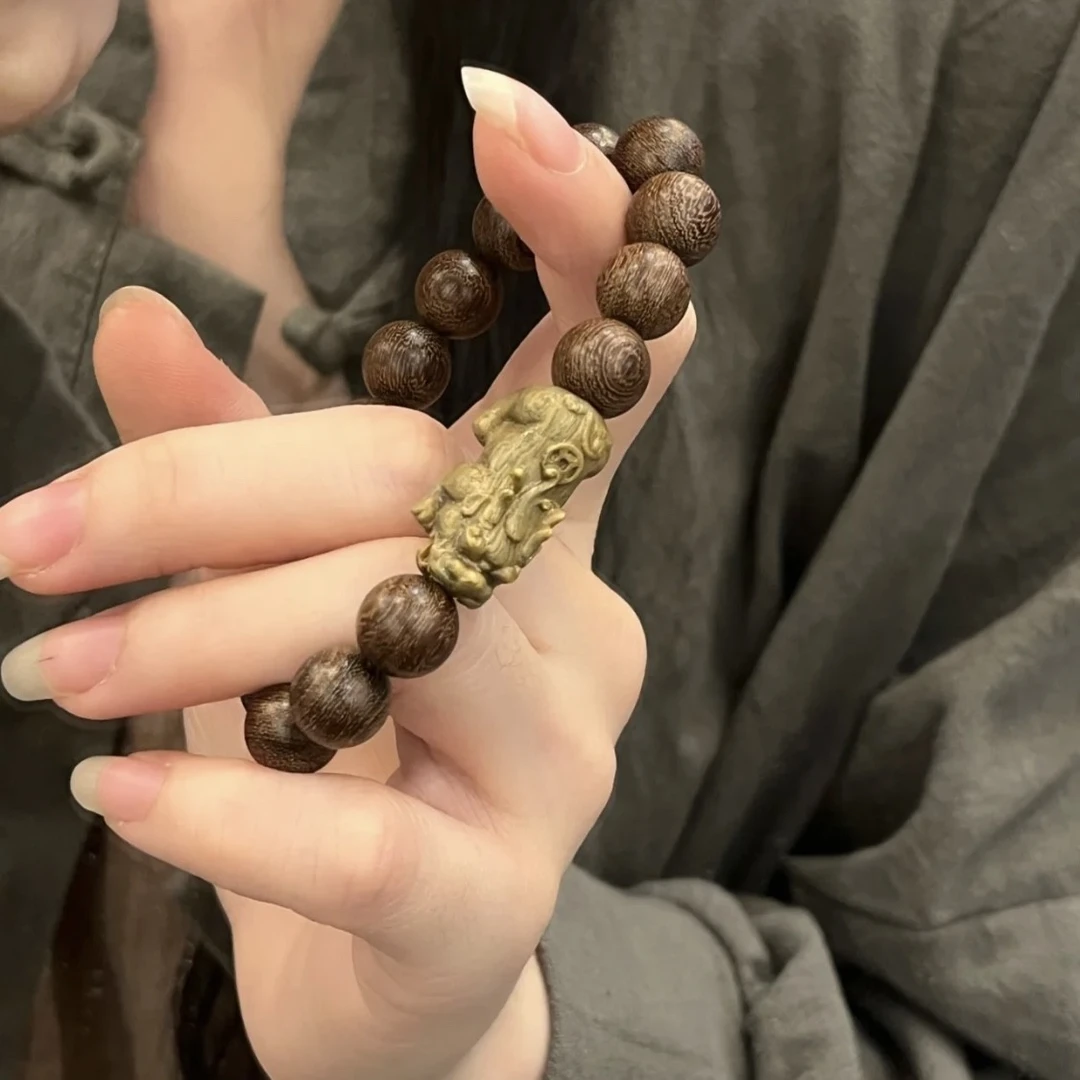 天然金丝檀木搭配绿檀貔貅手串男女生木质文玩佛珠串珠招财手链