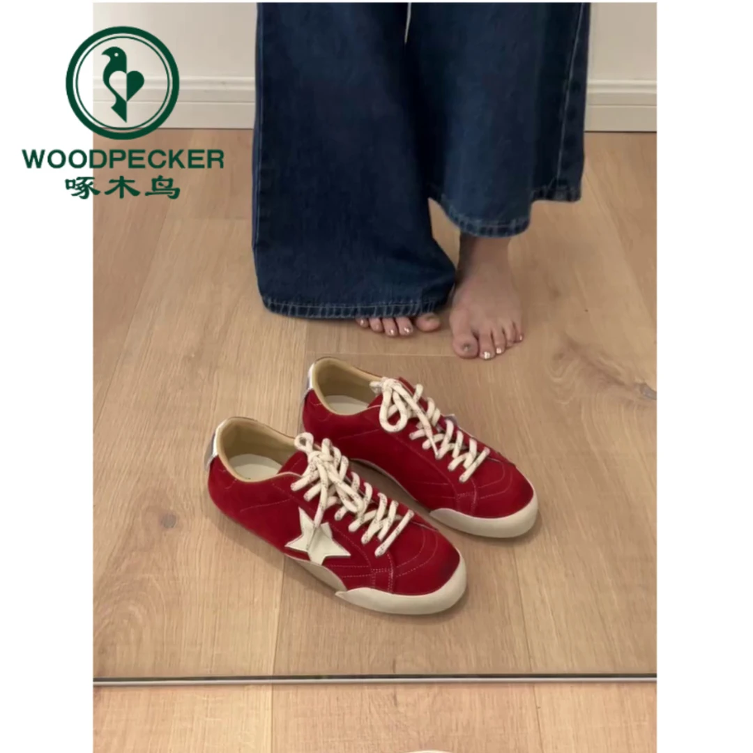 啄木鸟平底红色德训鞋女2025新款休闲运动复古女鞋星星板鞋阿甘鞋
