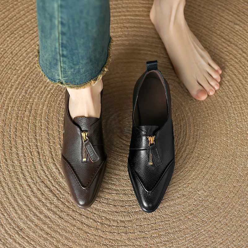 4CM，羊皮拉链尖头粗跟乐福鞋低跟中跟英伦风休闲鞋高跟春秋单鞋女