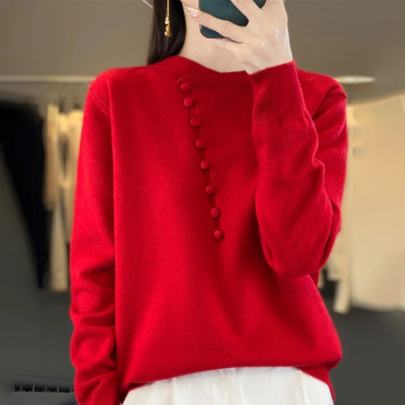2025年蛇年本命年红衣中国风大码毛衣春秋显瘦百搭宽松针织打底衫