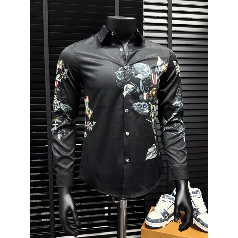 2025新款春秋季欧洲站潮牌长袖衬衫男士青年时尚休闲印花衬衣帅气