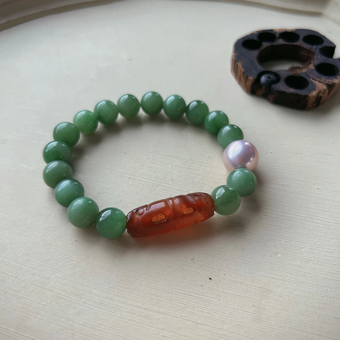 熙【陆鸢】9-10mm和田玉手串 12mm爱迪生珍珠