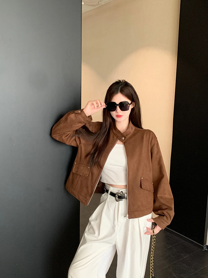 2025秋装新款胖mm大码女美式麂皮绒夹克机车休闲皮衣外套22909