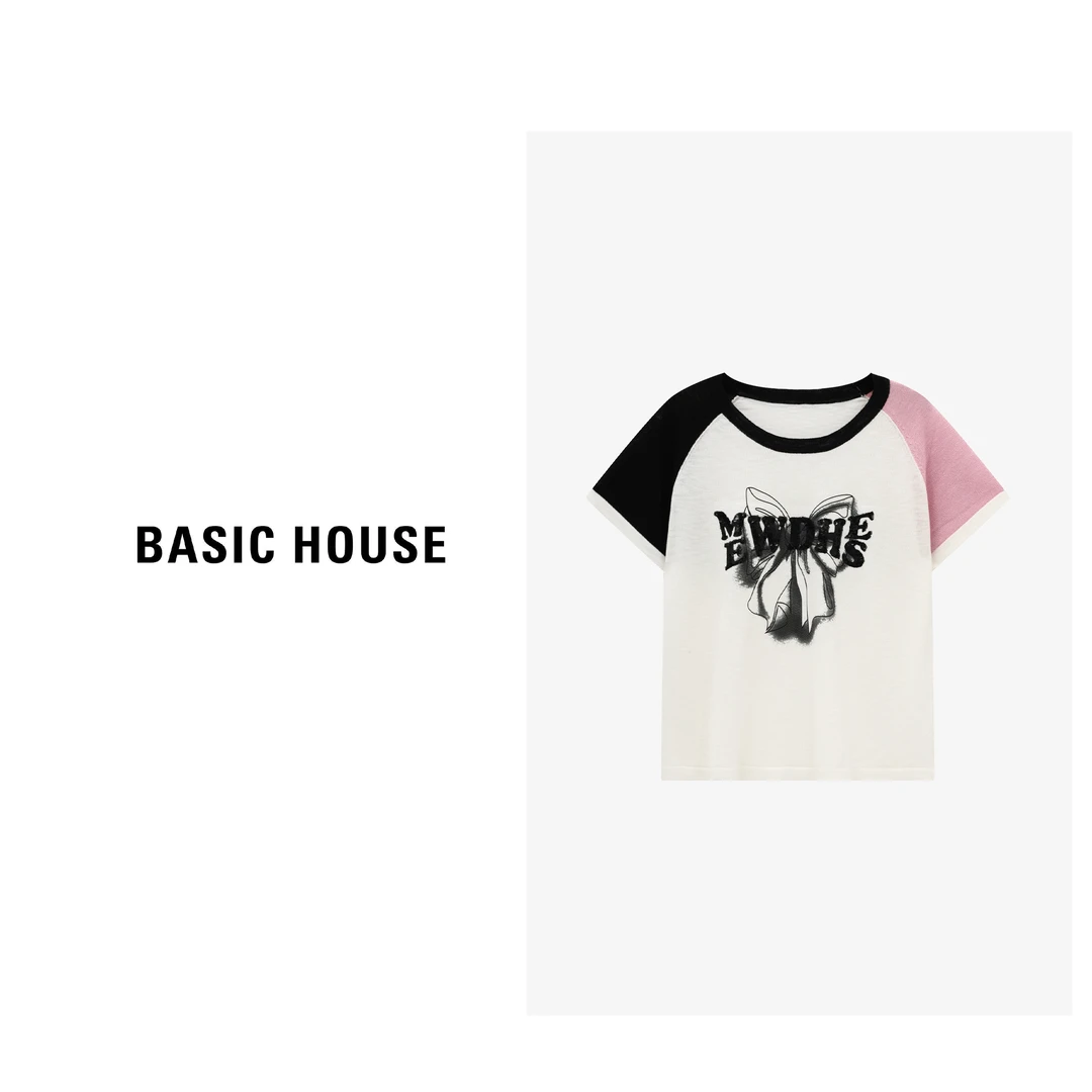 Basic House/百家好夏季新款插肩袖显瘦短袖针织衫B0625B5I092