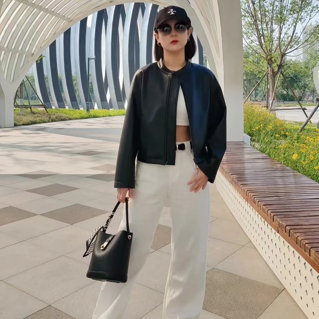 皮衣外套女短款2025春秋新款小个子夹克复古立领宽松上衣休闲机车