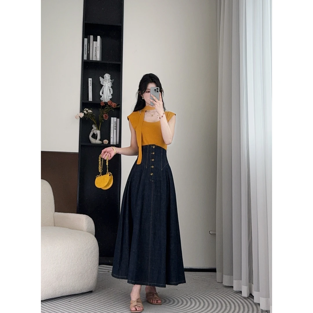 2025夏季新款时尚复古黄色活力气质休闲百搭显瘦上衣+半裙