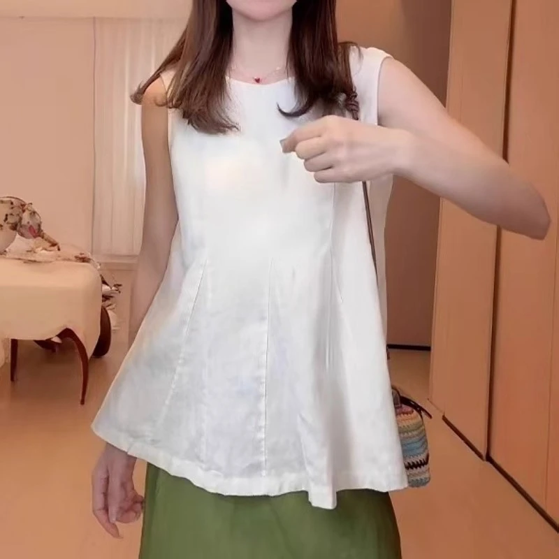 纯棉荷叶边圆领无袖衬衫女夏季薄款胖MM大码女装显瘦宽松减龄上衣