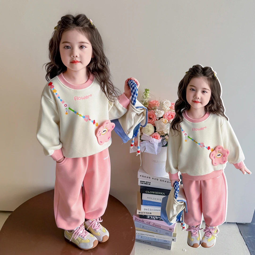 女童立体花朵套装洋气儿童休闲卫衣裤子两件套小女孩宝宝秋装