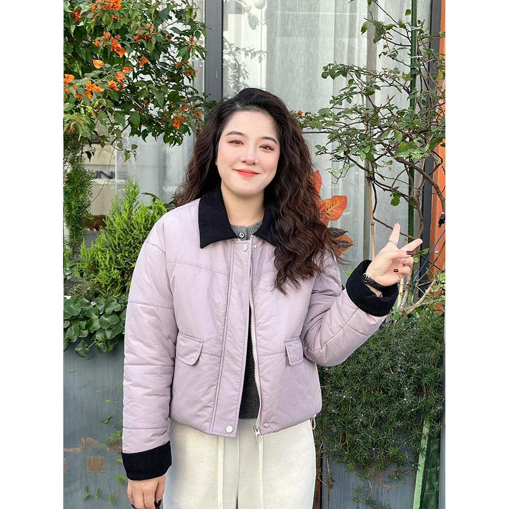 WenWen小个子2024秋冬穿搭棉服韩版休闲宽松翻领拼接短外套2430