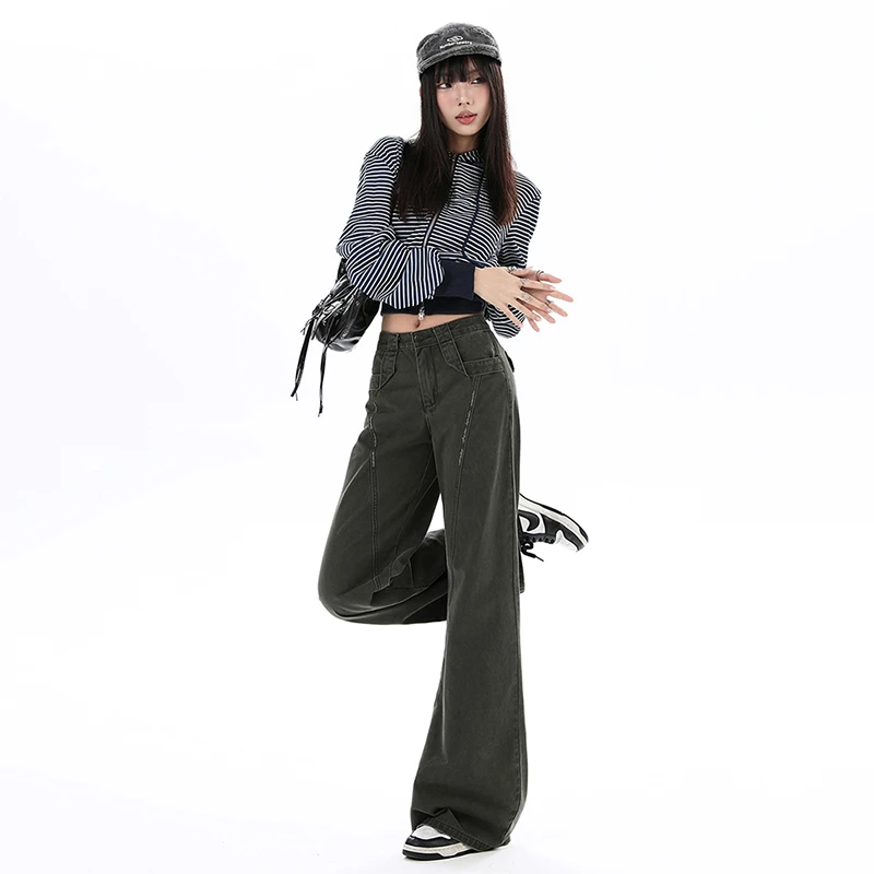 华利尔斯美式复古微喇口袋工装牛仔裤春季新款高腰宽松阔腿拖地裤