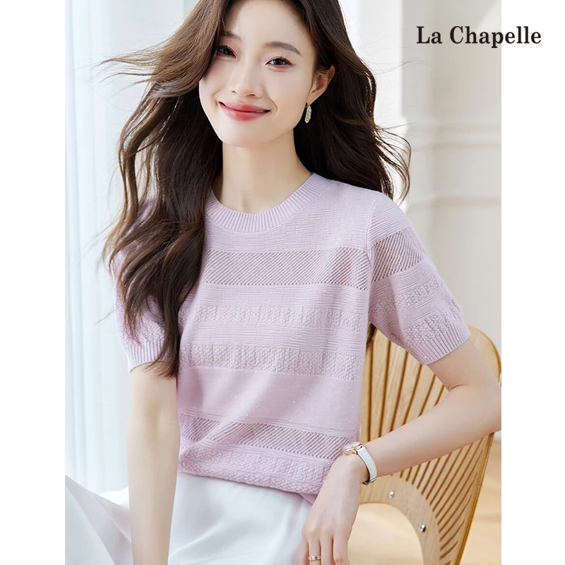 拉夏贝尔冰丝针织T恤女夏季新款薄款宽松百搭圆领镂空气质上衣