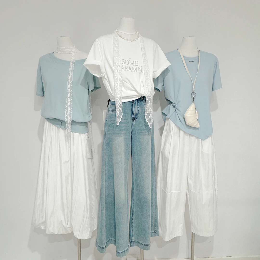 300-399新款2025夏季多巴胺色系休闲显瘦百搭纯色宽松短袖T恤女装