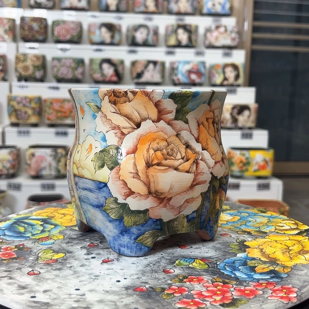 福利手绘陶瓷花盆口12高13.5
