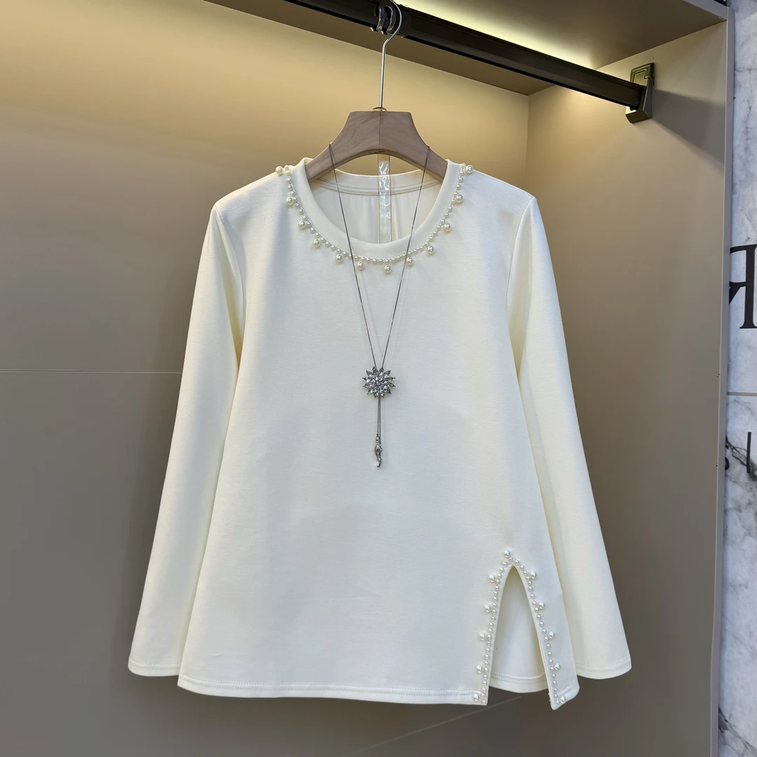 秋季甜美风常规遮肉圆领短袖钉珠T恤打底衫美式清小上衣5230