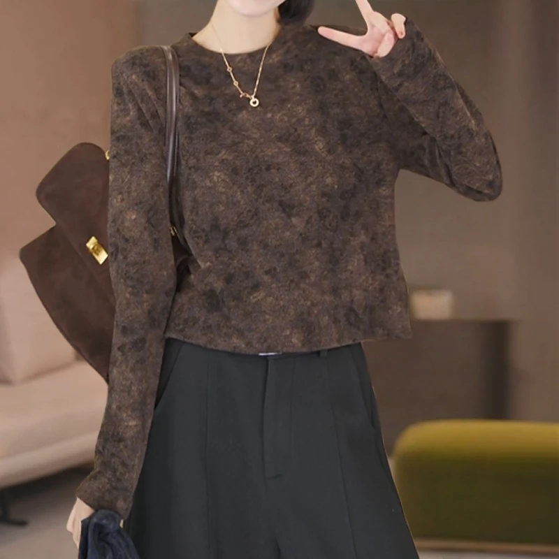 复古减龄扎染圆领T恤女秋冬时髦慵懒显瘦遮肉百搭洋气套头上衣