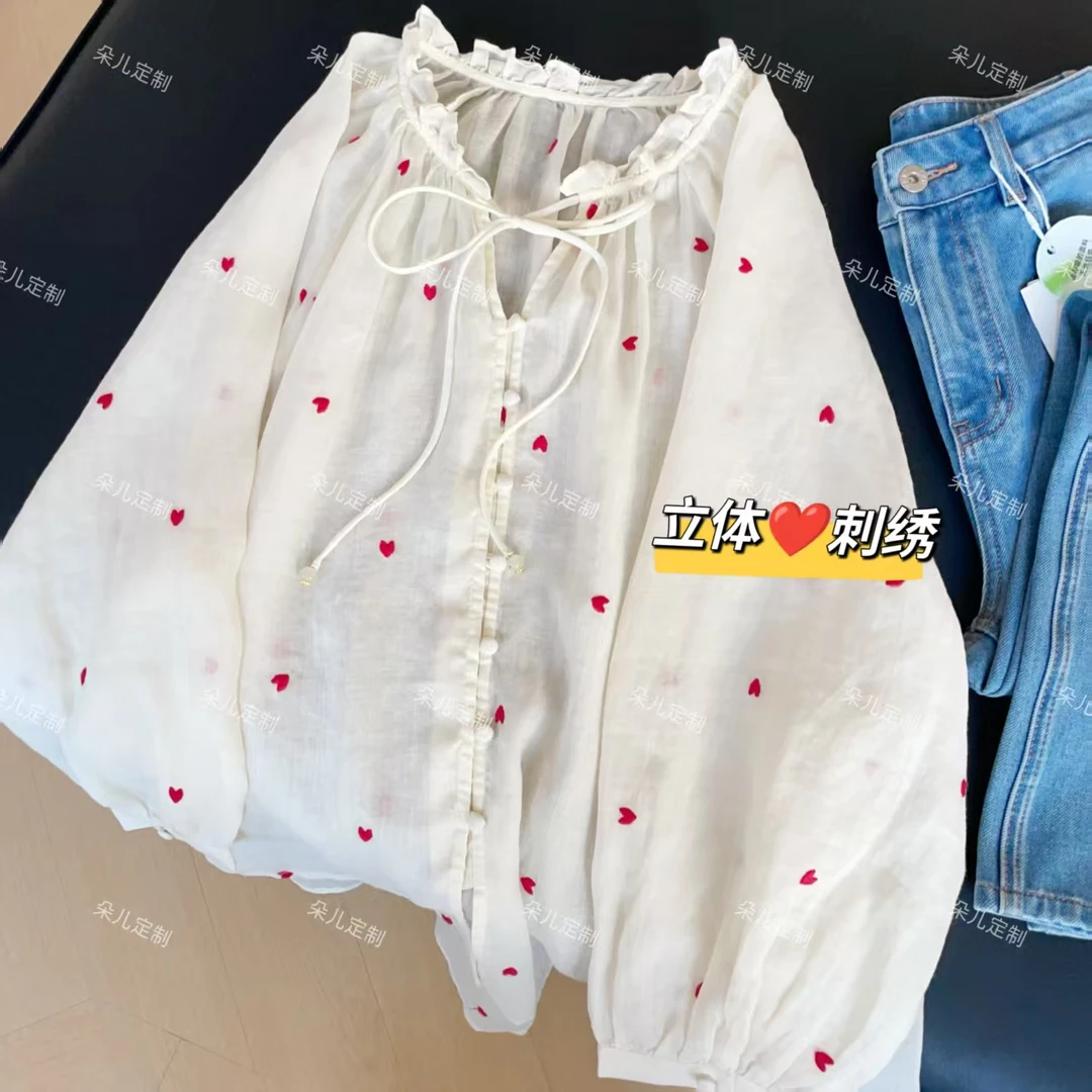 朵儿定制 【桃枝】夏季100苎麻简约立体爱心刺绣小衫IQ41