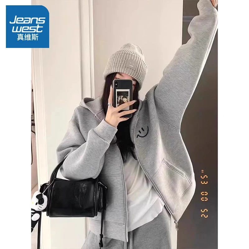 真维斯灰色卫衣女2025新款拉链开衫宽松休闲百搭秋冬季连帽外套潮