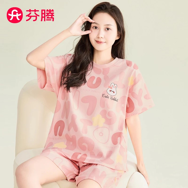 芬腾【全棉卡通】舒适圆领宽松短袖短裤睡衣芬腾内衣睡裙外穿夏天