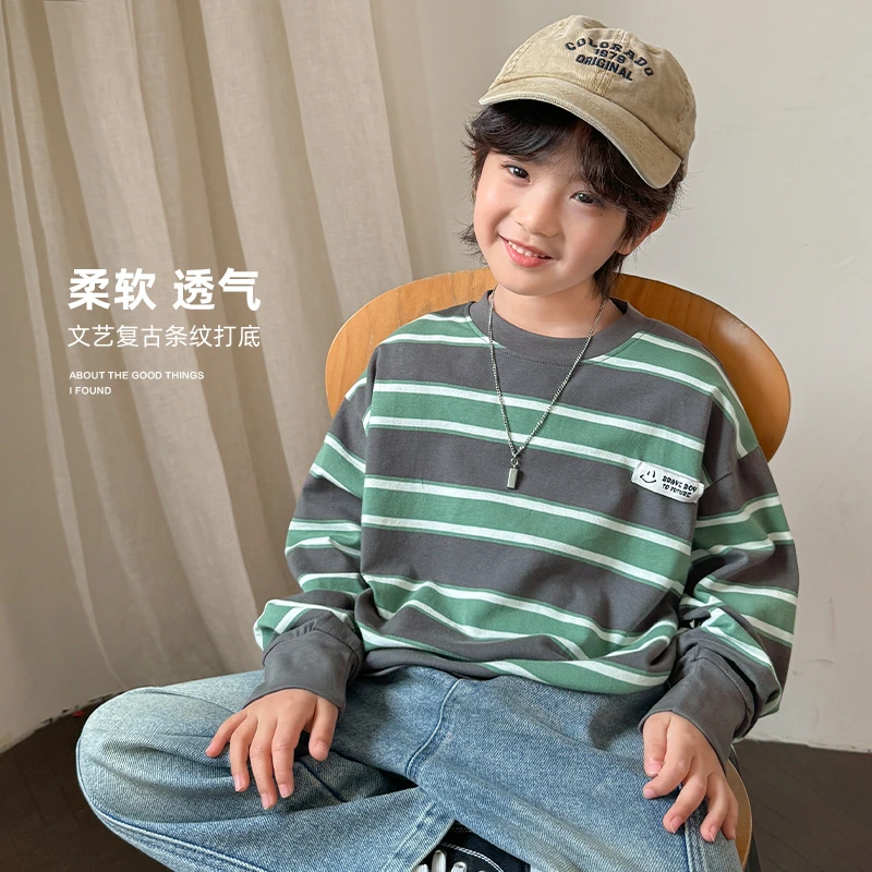 春款男童双纱棉质儿童条纹休闲长袖打底衫T恤2025春秋新款|25aa30