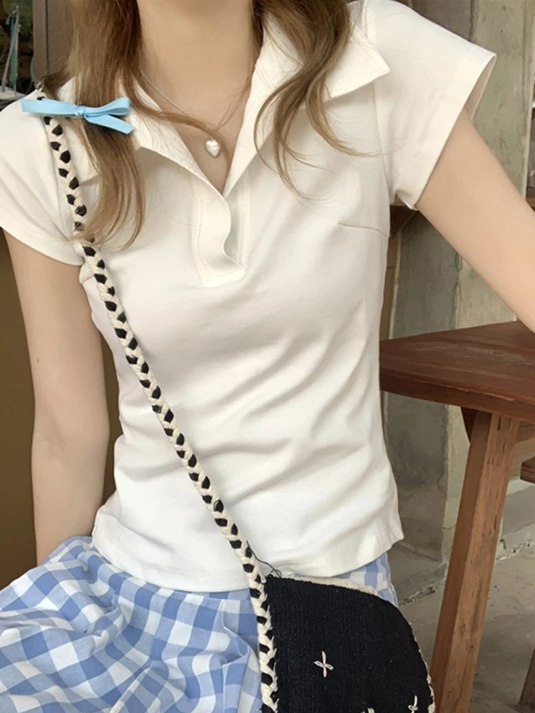 polo领t恤女夏季新款小个子修身v领短袖设计感正肩小飞袖上衣