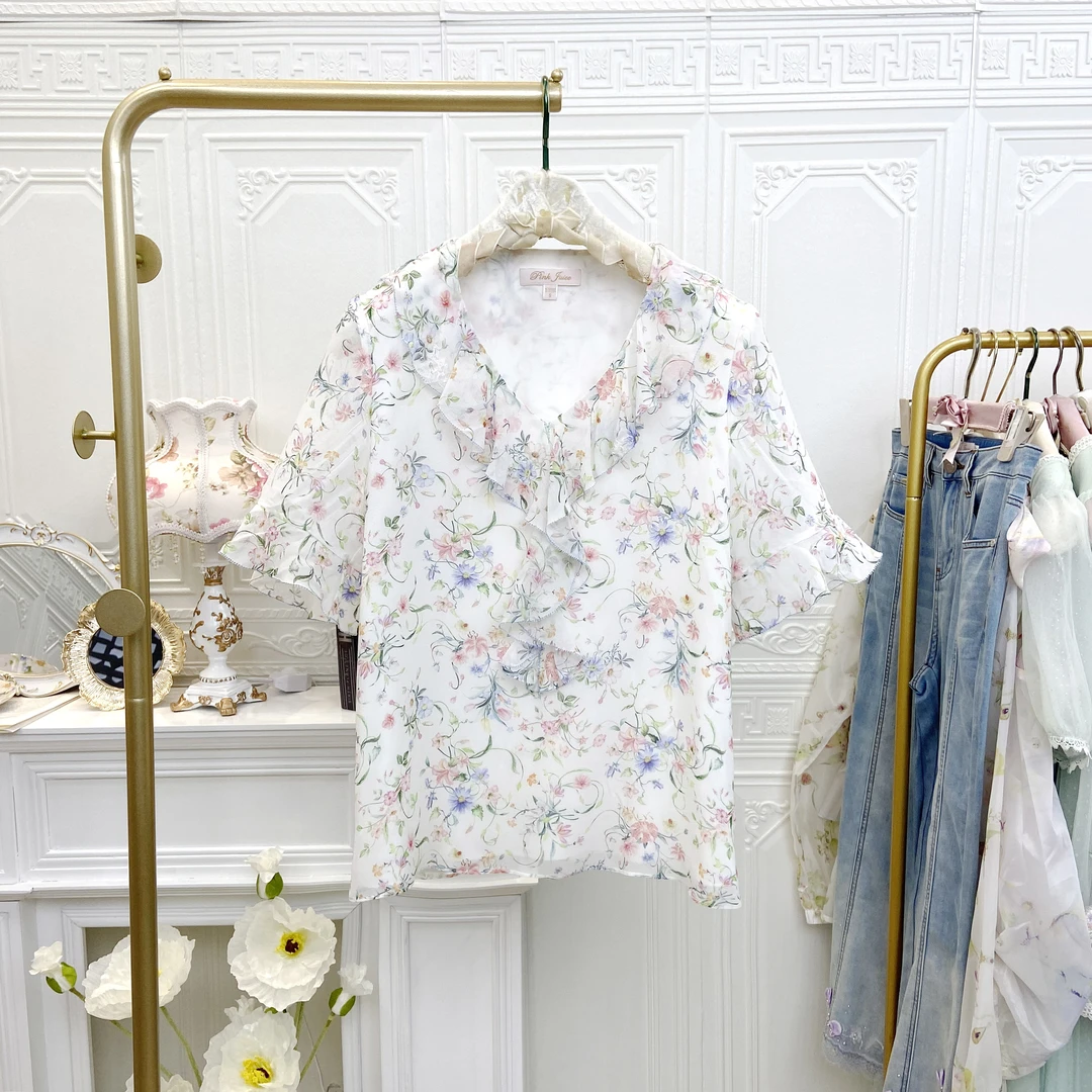 衬衫女夏季新款舒适透气撞色桑蚕丝小衫印花ans1135