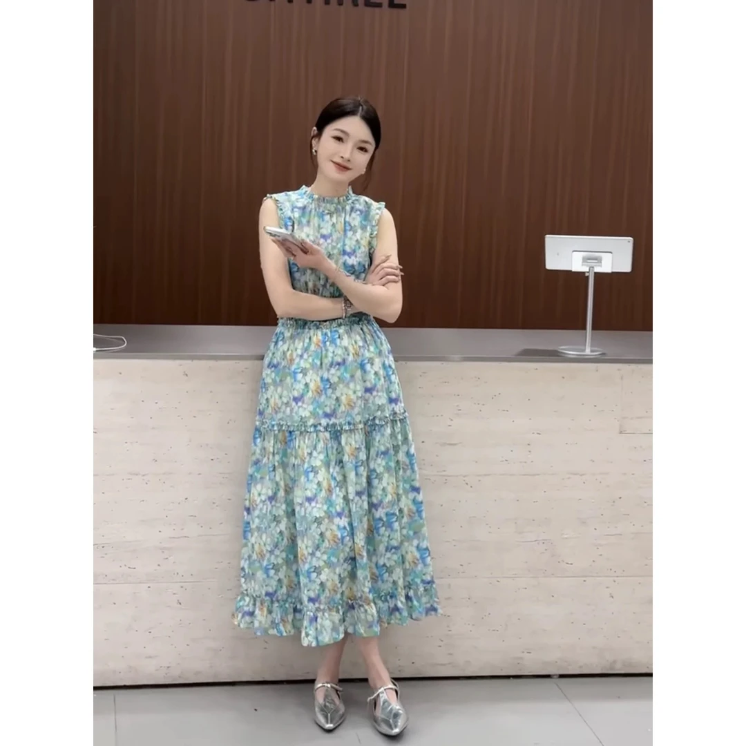 欧洲站2025夏季新款气质优雅收腰显瘦减龄显瘦无休拉链印花连衣裙