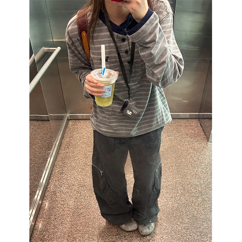 美式复古条纹长袖t恤男女秋季亨利领撞色卫衣休闲慵懒风百搭上衣