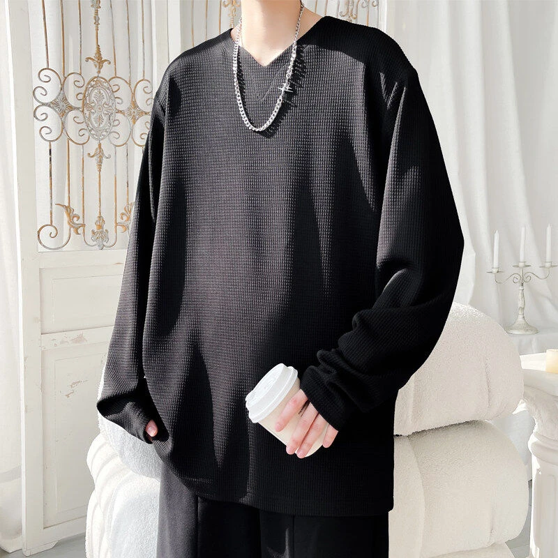 2025春季新款男士美式V领日常纯色简约纹理感宽松百搭休闲长袖T恤