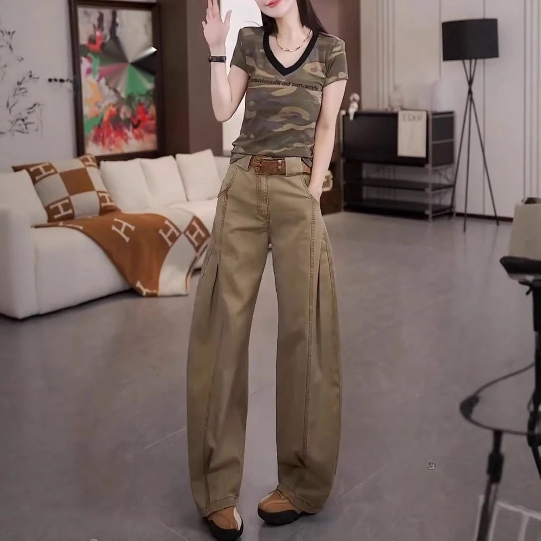 网红爆款时尚气质套装2025夏季新款美式复古迷彩短袖T恤+工装裤女