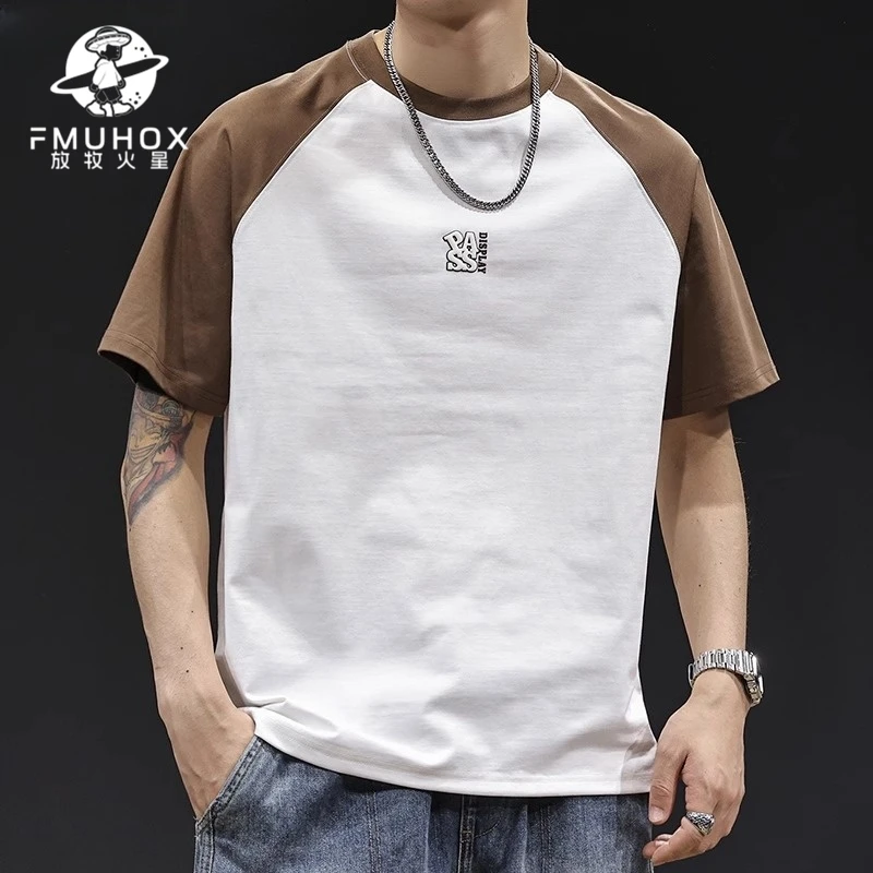 @放牧火星 拼色插肩袖短袖t恤男士潮牌夏季2025新款高端美式复古