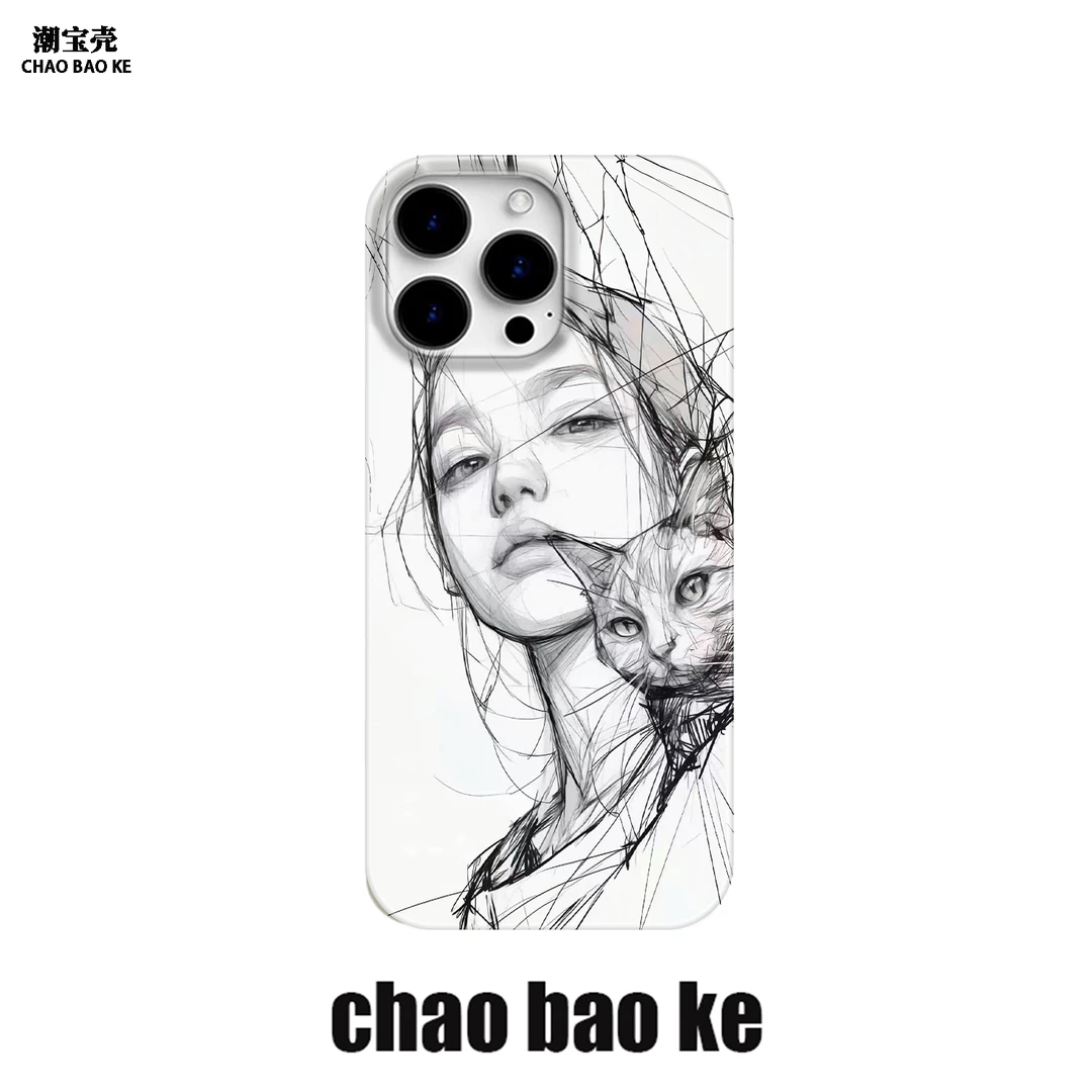 素描女孩与猫适用苹果16promax手机壳iPhone15pro/14小众12创意11